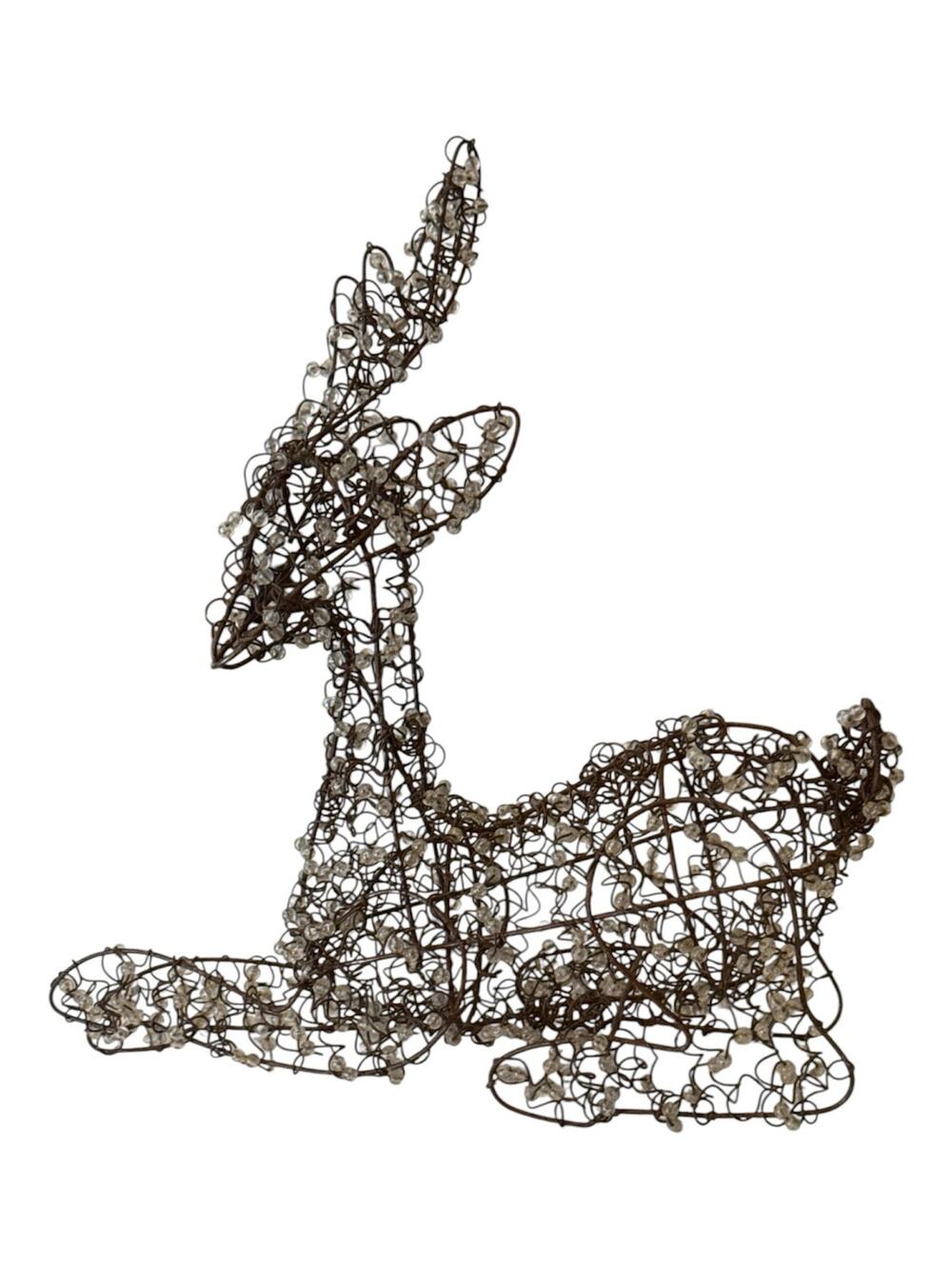 VTG Christmas Reindeer Sitting Down Wired with Clear Beads Rustic Look